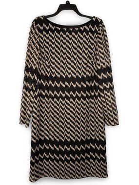 Jessica Howard Chevron Crochet Overlay Shift Dress Size 14 Tan Black Long Sleeve